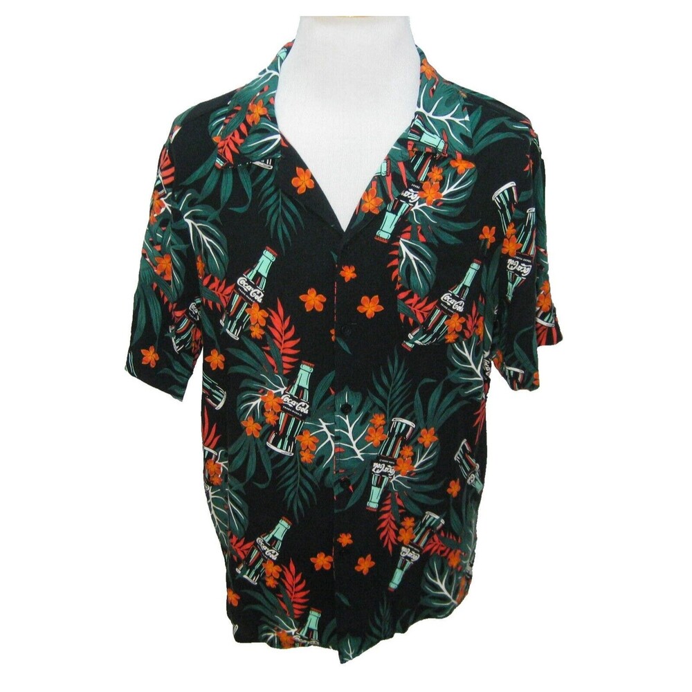 COCA-COLA Mens (Size Large) Black Green Short Sleeve Hawaiian Shirt Coke Bottles